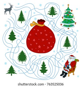 New Year hand drawn maze. Help deer find way to Santa Claus and Christmas tree. Find way from Santa to gift bag.