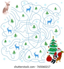 New Year hand drawn maze. Find where all the ways lead. Help dog find a way to Santa Claus and Christmas tree.
