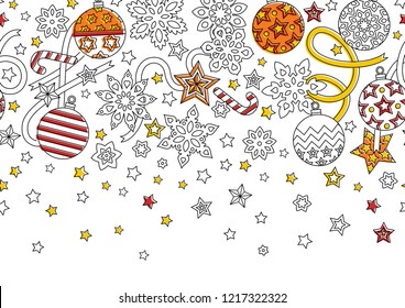 New year hand drawn outline festive seamless border with snowflakes, christmas balls and stars isolated on white background.