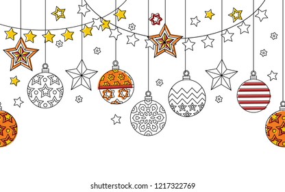 New year hand drawn outline festive seamless border with snowflakes, christmas balls and stars isolated on white background.