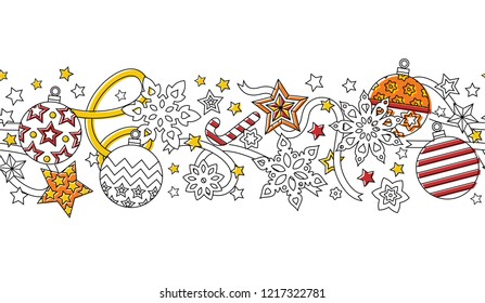 New year hand drawn outline festive seamless border with snowflakes, christmas balls and stars isolated on white background.