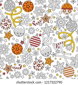 New year hand drawn outline festive seamless pattern with snowflakes, christmas balls and stars isolated on white background.