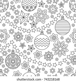 New year hand drawn outline festive seamless pattern with snowflakes, christmas balls and stars isolated on white background. coloring antistress book for adult. Art vector illustration.