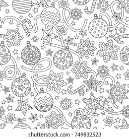 New year hand drawn outline festive seamless pattern with snowflakes, christmas balls and stars isolated on white background. coloring antistress book for adult. Art vector illustration.