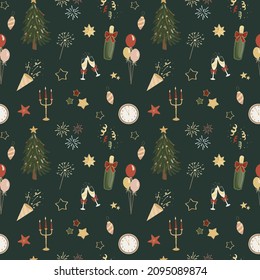 New Year hand drawn seamless pattern. Repeat pattern with countdown doodle elements on dark green background. Holiday pattern for gift wrapping paper, textile, cover. Vector illustration.