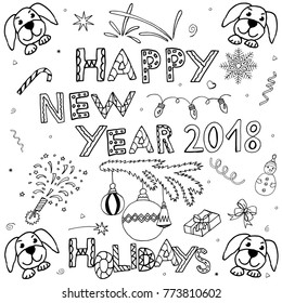 New Year hand drawn set for 2018. Winter handdrawn doodles collection icons, symbols. Isolated drawing elements. Sketch for season greeting. Vector illustration.
