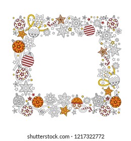 New year hand drawn square frame in zentangle inspired style isolated on white background. Doodle snowflakes, fir-tree balls, ribbon decorative border.