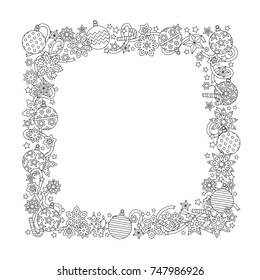 New year hand drawn square frame in zentangle inspired style isolated on white background. Doodle snowflakes, fir-tree balls, ribbon decorative border. Coloring book for adult. Vector illustration.