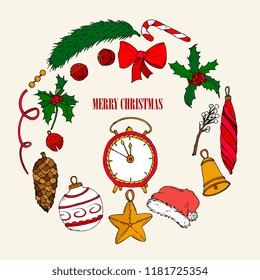  New Year hand drawn Vector Set of decorative element in the form of a circle of Christmas tree branches with Clock, Santa hat, bell, berries, holly, cone, Christmas  plants,star.template for greeting
