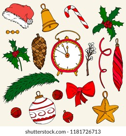  New Year hand drawn Vector Set of decorative element  of Christmas tree branches with Clock, Santa hat, bell, berries, holly, cone, star. Vector template for greeting cards, party invitations, poster