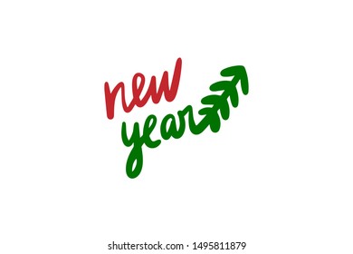 New year hand drawn vector illustration with lettering and green christmas tree minimalism red green
