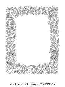 New year hand drawn vertical frame in zentangle inspired style isolated on white background. Doodle snowflakes, fir-tree balls, ribbon decorative border. Coloring book for adult. Vector illustration.