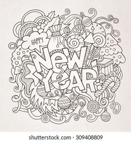 New year hand lettering and doodles elements background. Vector sketchy illustration