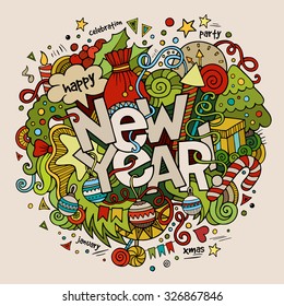 New year hand lettering and doodles elements background. Vector illustration