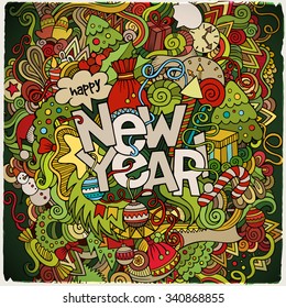 New Year hand lettering and doodles elements background. Vector colorful illustration