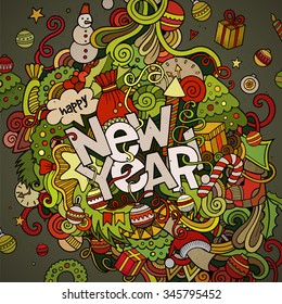 New Year hand lettering and doodles elements background. Vector colorful illustration