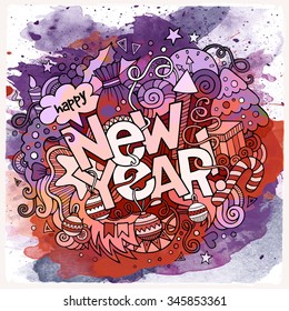 New Year hand lettering and doodles elements watercolor background. Vector illustration