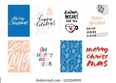 NEW YEAR HAND LETTERING POSTCARDS. MERRY CHRISTMAS. HAPPY HOLIDAYS. WARM WISHES FOR YOU. OH HAPPY NEW YEAR. MERRY CHRISTMAS. VECTOR POSTCARDS