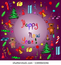 New year hand lettering. Vector illustration. Cartoon vector doodles New Year illustration. Colorful, detailed, with lots of objects background. All objects separate. Christmas funny grunge artwork