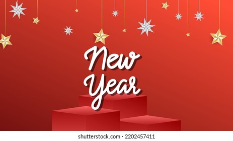 New Year  hand written with podium and star isolated on red background, fat design for content online, illustration vector EPS 10