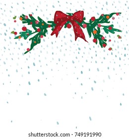 New Year hand-drawn card template with holiday satin red bow, Christmas wreath and places for your text. Vintage grunge style. Quick ink brush sketch. Vector illustration