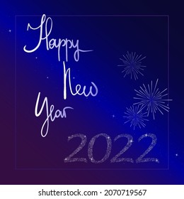 Números de tipografía hechos a mano en 2022 de escritura a mano destellos fuegos artificiales estrellas de manera lechosa espacio cielo color azul oscuro fondo 