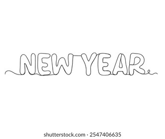 New year handwritten continuous one line art vector illustration on white background.