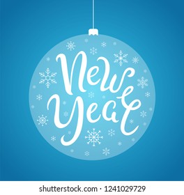 New Year handwritten lettering with snowflakes in a circle on blue background. - Vector illustration