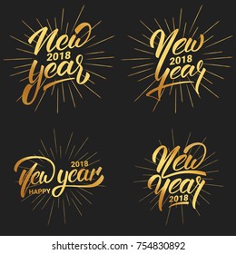 New Year. Happy New Year 2018 hand lettering labels set with gold shiny texture. Hand drawn logo for New Year card, poster, design etc