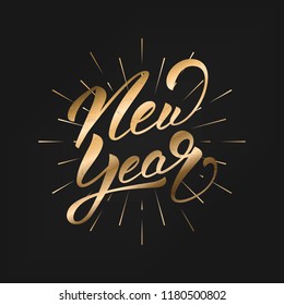 New Year. Happy New Year 2019 gold hand lettering label. Hand drawn logo for New Year card, poster, design etc