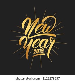 Ano Novo. Feliz Ano Novo 2019 letras mão com textura dourada brilhante. Logotipo desenhado à mão para cartão de Ano Novo, cartaz, design etc