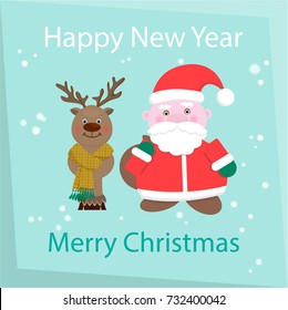 New Year and Happy Christmas Card. Santa Claus and reindeer congratulations. Vector illuctration EPS10.