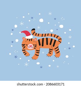 So the new year has come and Christmas with it. A tiger wearing a Santa hat wishes you happy holidays!
Snowflakes and snowballs fly around him.