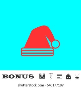 New Year hat icon flat. Red pictogram on blue background. Vector illustration symbol and bonus buttons Music center, corkscrew, credit card, house, drum