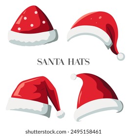 New Year hats. Set of Santa Claus hats. Realistic santa claus hat colllection, holiday cap to xmas illustration. 