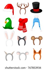 New Year hats set of santa,rabbit,cat,bear,fox,deer for masquerade costumes holiday headdress elements vector icons illustration isolated on white background web site page and mobile app design.