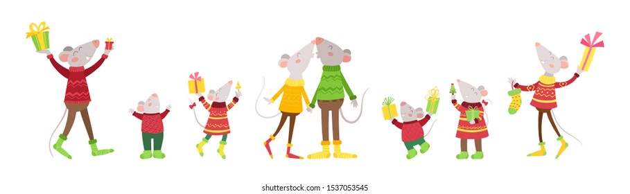 New year header with happy rats.
Set of cheerful rats with gifts, Christmas cartoon characters. Cute animals celebrating winter holidays. New Year postcard design elements
