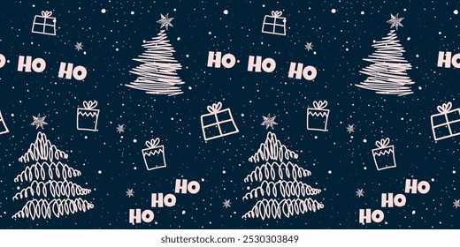 Nuevo año HO HO HO.Lindas Navidades garabatos sin patrón-ideal para textiles, Anuncios, Fondos de pantalla, tarjetas-diseño de superficie de Vector.Festiva fondo azul.X-mas invierno