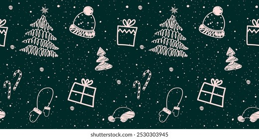 Año Nuevo HO HO HO.Lindas Navidades garabatos sin patrón-ideal para textiles, Anuncios, Fondos de pantalla, tarjetas-diseño de superficie de Vector.Festiva Fondo verde.X-mas invierno