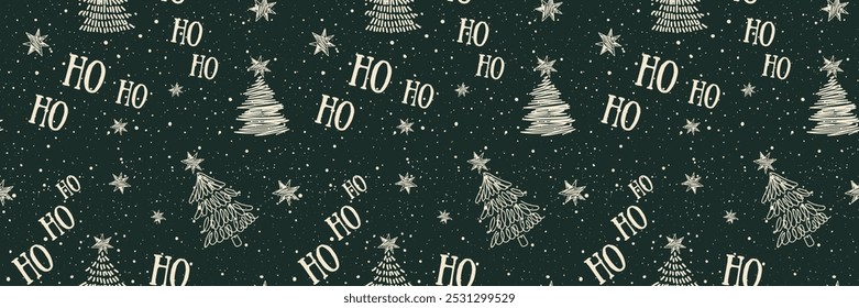 Año Nuevo HO HO HO.Lindas Navidades garabatos sin patrón-ideal para textiles, Anuncios, Fondos de pantalla, tarjetas-diseño de superficie de Vector.Festiva Fondo verde.X-mas invierno