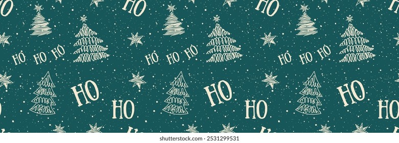 Año Nuevo HO HO HO.Lindas Navidades garabatos sin patrón-ideal para textiles, Anuncios, Fondos de pantalla, tarjetas-diseño de superficie de Vector.Festiva Fondo verde.X-mas invierno