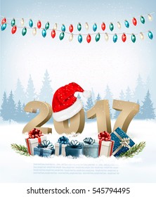 New Year Holiday background with 2017 and garland. Vector.