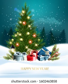 New Year holiday background with a colorful gift boxes on a tree. Vector illustration