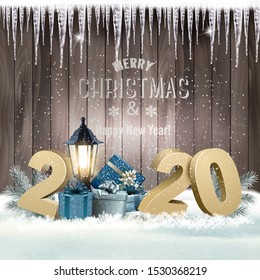 New Year Holiday background with gift boxes and 2020. Vector.