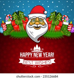 New year holiday background. Presents and decorations on bright backdrop. Greeting card template. Eps 10 vector illustration.