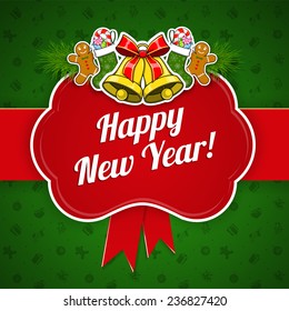 New year holiday background. Presents and decorations on bright backdrop. Greeting card template. Eps 10 vector illustration.