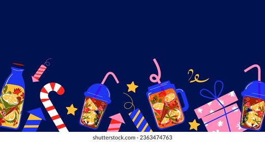 New Year holiday background. New Year's hot drinks, mulled wine in a jar, gifts, candy and other elements. Vector illustration in glossy style.