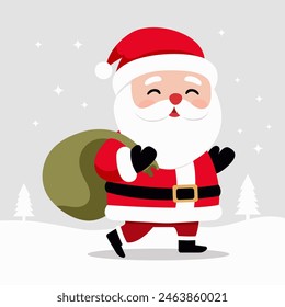 New Year Holiday character Santa Claus, a sack of gifts in the winter season. Winter background Christmas design element. Vector illustration
