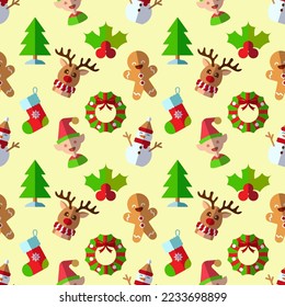 New Year, holiday, Christmas concept. Seamless pattern of tree, mistletoe, deer, ginger man, wreath, elf, snowman. Perfect for wrapping, postcards, covers, fabric, textile