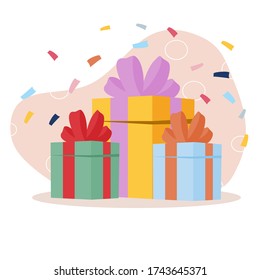New Year Holiday Or Christmas Gift Box. Big pile of colorful wrapped boxes. Gift heap with bright wrap and ribbon bows on a white background. can use for ui web template, poster. vector illustration